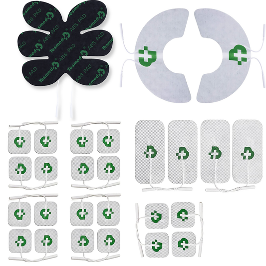 TESMED Top Equipment: Set of 27 Electrodes (20 Electrodes 50x50mm + 4 Electrodes 50x100mm + 1 Tesmed ABS Pad + 2 Tesmed Knee Electrodes), Compatible with All Brands of Electrical Stimulators with 2 mm Pin Connectors