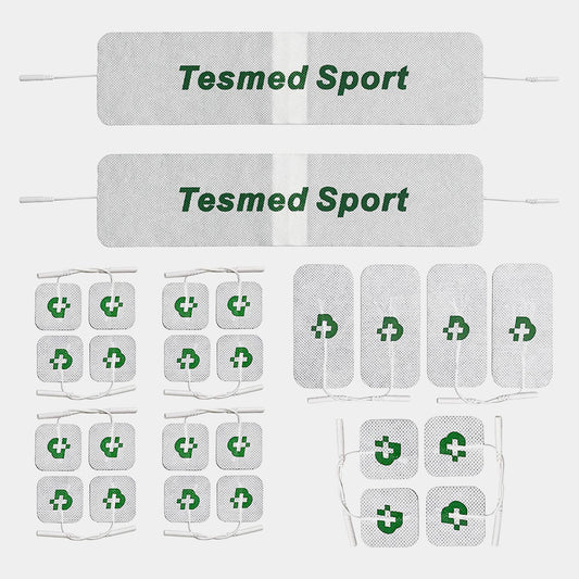 26 pads for TENS, EMS units: 20 pcs 2"x2" (50x50 mm) + 4 pcs 2"x4" (50x100 mm) + 2 giant straps Tesmed Sport